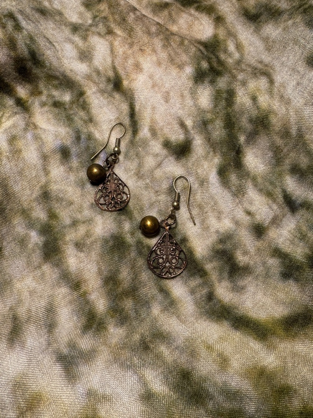 SOLD******Filigree Teardrop Drop Earrings with olive green Beads